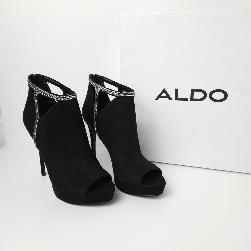 Aldo Tilasa Black Suede Peep Toe Ankle Boot Heels With Silver Rhinestones - 7.5